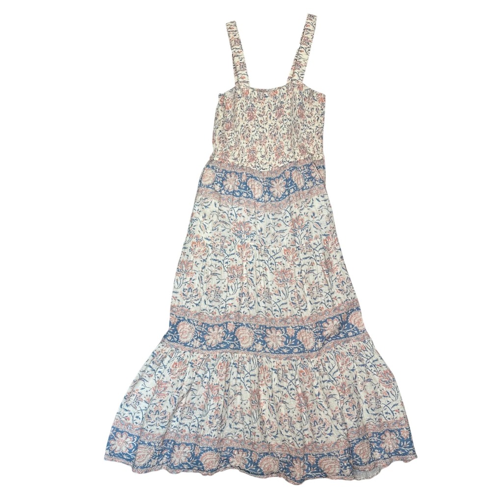 Flag & Anthem Floral Smocked Tiered Maxi Dress Blue Coral Cotton L